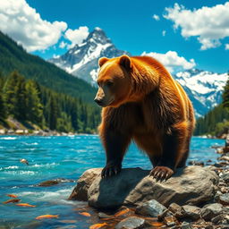 A majestic brown bear standing on a rocky riverbank, its thick fur glistening in the sunlight, surrounded by a lush green forest