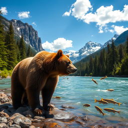 A majestic brown bear standing on a rocky riverbank, its thick fur glistening in the sunlight, surrounded by a lush green forest