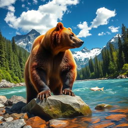 A majestic brown bear standing on a rocky riverbank, its thick fur glistening in the sunlight, surrounded by a lush green forest