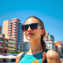 A stylish and fashionable person wearing modern sunglasses, showcasing a trendy summer outfit