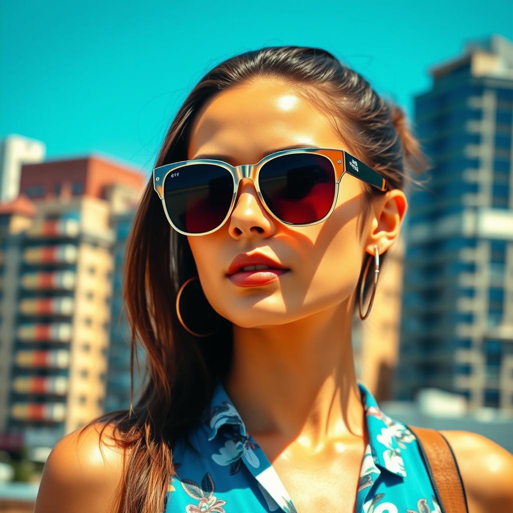 A stylish and fashionable person wearing modern sunglasses, showcasing a trendy summer outfit