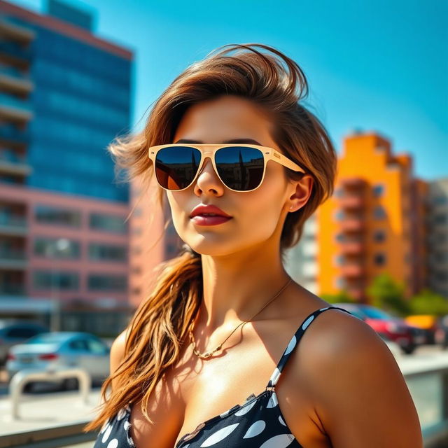 A stylish and fashionable person wearing modern sunglasses, showcasing a trendy summer outfit