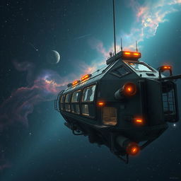 A deserted space station adrift in the cosmos, with broken windows, rusting metal structures, and flickering emergency lights