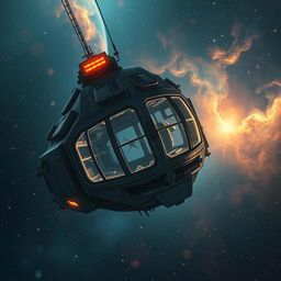 A deserted space station adrift in the cosmos, with broken windows, rusting metal structures, and flickering emergency lights
