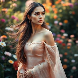 An elegant and poised woman gazing thoughtfully into the distance, her flowing long hair cascading down her shoulders