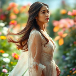 An elegant and poised woman gazing thoughtfully into the distance, her flowing long hair cascading down her shoulders