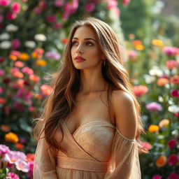 An elegant and poised woman gazing thoughtfully into the distance, her flowing long hair cascading down her shoulders