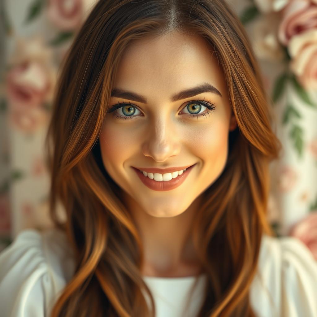 A close-up portrait of a beautiful woman with long flowing brown hair and striking green eyes, smiling warmly