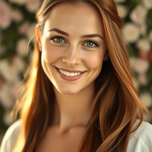 A close-up portrait of a beautiful woman with long flowing brown hair and striking green eyes, smiling warmly