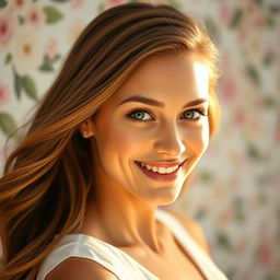 A close-up portrait of a beautiful woman with long flowing brown hair and striking green eyes, smiling warmly
