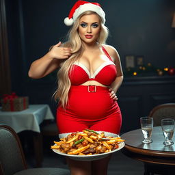 A full-length photograph of a sexy, sweet, beautiful, hourglass-shaped plump 19-year-old girl with long, flowing blonde hair