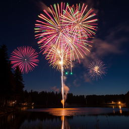 A dazzling display of colorful fireworks bursting in the night sky, illuminating the darkness with vibrant hues of red, blue, green, and gold