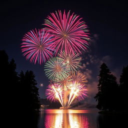 A dazzling display of colorful fireworks bursting in the night sky, illuminating the darkness with vibrant hues of red, blue, green, and gold
