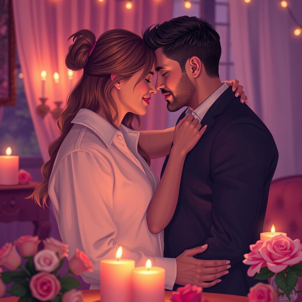 A vibrant and artistic interpretation of intimacy and connection between adults, capturing the essence of romance and passion while maintaining a tasteful aesthetic