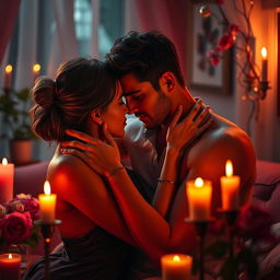 A vibrant and artistic interpretation of intimacy and connection between adults, capturing the essence of romance and passion while maintaining a tasteful aesthetic