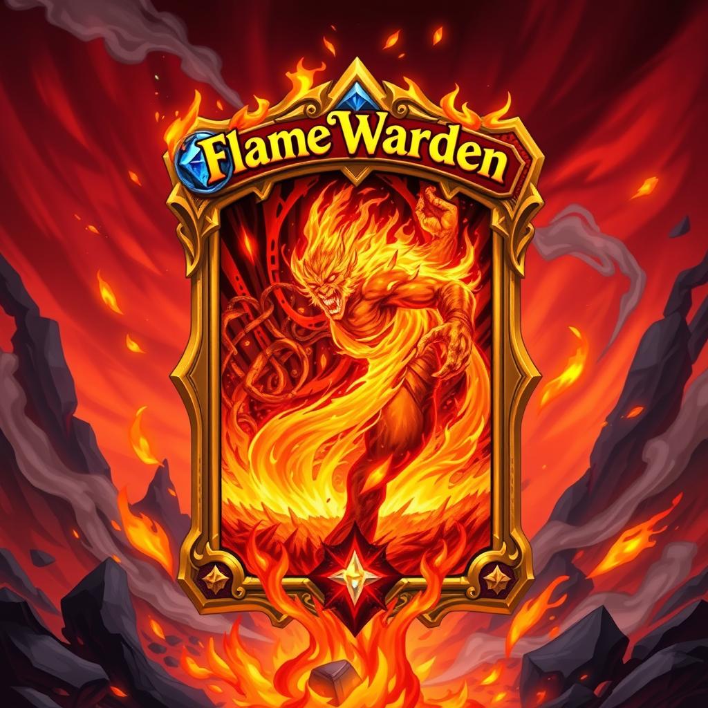 A vibrant trading card design featuring a powerful fire elemental