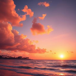 A vibrant sunset over a serene ocean, with fluffy orange and pink clouds reflecting on the shimmering water