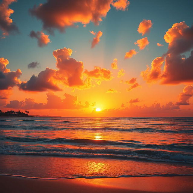 A vibrant sunset over a serene ocean, with fluffy orange and pink clouds reflecting on the shimmering water