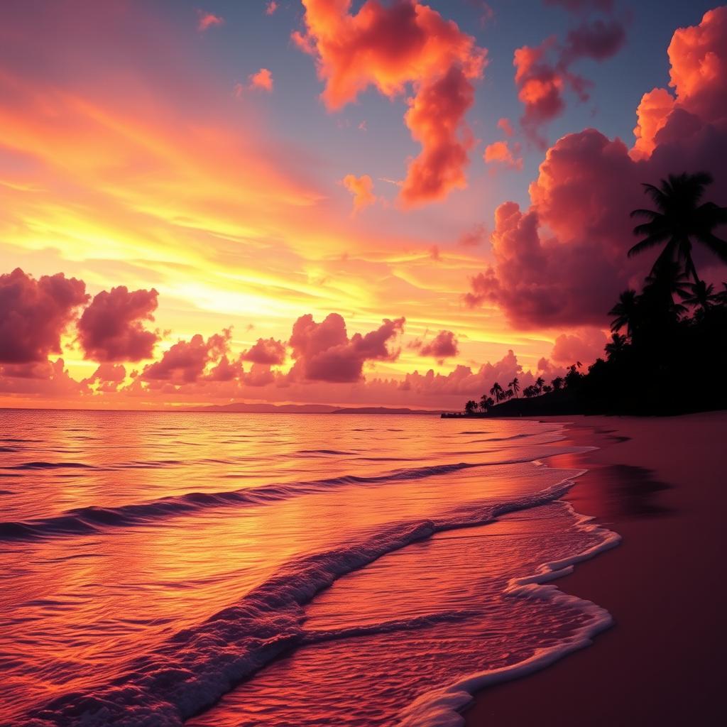 A vibrant sunset over a serene ocean, with fluffy orange and pink clouds reflecting on the shimmering water