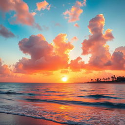 A vibrant sunset over a serene ocean, with fluffy orange and pink clouds reflecting on the shimmering water