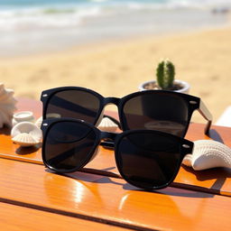 A stylish pair of sunglasses resting on a wooden table, reflecting sunlight
