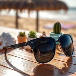 A stylish pair of sunglasses resting on a wooden table, reflecting sunlight