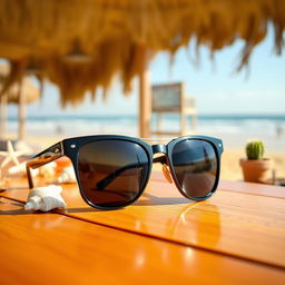 A stylish pair of sunglasses resting on a wooden table, reflecting sunlight
