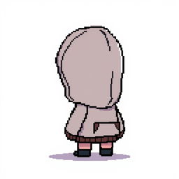 A pixel art depiction of a small hooded boy character seen from the side profile, with the hood casting a shadow over his face, creating a sense of mystery