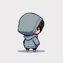 A pixel art depiction of a small hooded boy character seen from the side profile, with the hood casting a shadow over his face, creating a sense of mystery