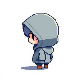 A pixel art depiction of a small hooded boy character seen from the side profile, with the hood casting a shadow over his face, creating a sense of mystery