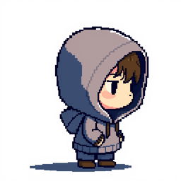 A pixel art depiction of a small hooded boy character seen from the side profile, with the hood casting a shadow over his face, creating a sense of mystery