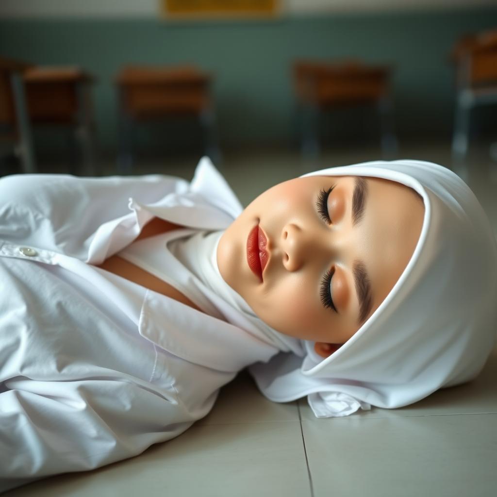 A very pretty 19-year-old girl wearing a white hijab and an Indonesian high school uniform (SMA) with the shirt unbuttoned, lying down on a classroom floor