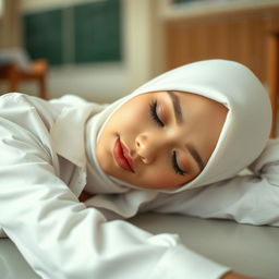 A very pretty 19-year-old girl wearing a white hijab and an Indonesian high school uniform (SMA) with the shirt unbuttoned, lying down on a classroom floor