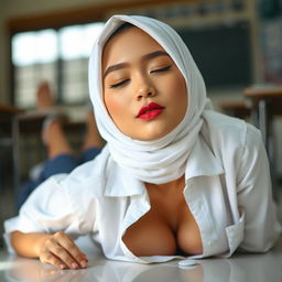 A very pretty 19-year-old girl wearing a white hijab and an Indonesian high school uniform (SMA) with the shirt unbuttoned, lying down on a classroom floor