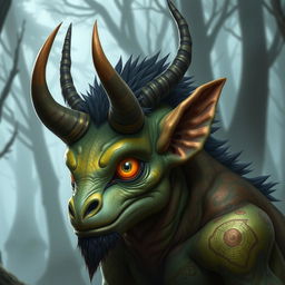 A fantastical creature with three distinct horns protruding from the side of its face, displaying a vivid texture and unique coloration, while also showcasing two sharp, imposing horns rising majestically from the top of its head