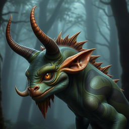 A fantastical creature with three distinct horns protruding from the side of its face, displaying a vivid texture and unique coloration, while also showcasing two sharp, imposing horns rising majestically from the top of its head