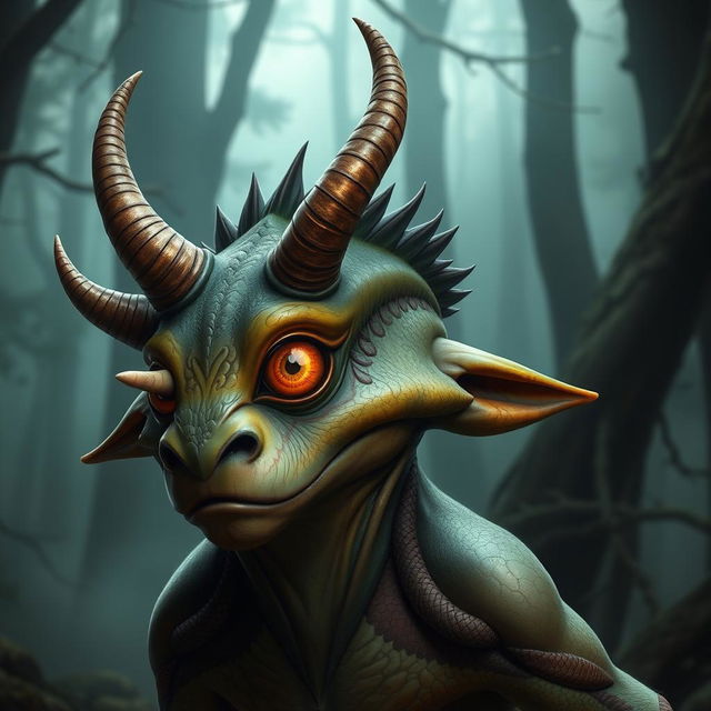 A fantastical creature with three distinct horns protruding from the side of its face, displaying a vivid texture and unique coloration, while also showcasing two sharp, imposing horns rising majestically from the top of its head