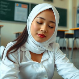 A very pretty 19-year-old Indonesian girl wearing a white hijab and an unbuttoned high school uniform (SMA)