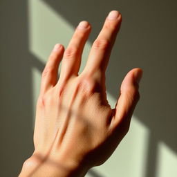 A hyper-realistic close-up of a right hand with intricate details, showcasing the texture of the skin, the veins, and the fingernails