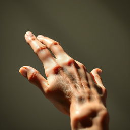 A hyper-realistic close-up of a right hand with intricate details, showcasing the texture of the skin, the veins, and the fingernails