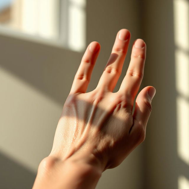 A hyper-realistic close-up of a right hand with intricate details, showcasing the texture of the skin, the veins, and the fingernails