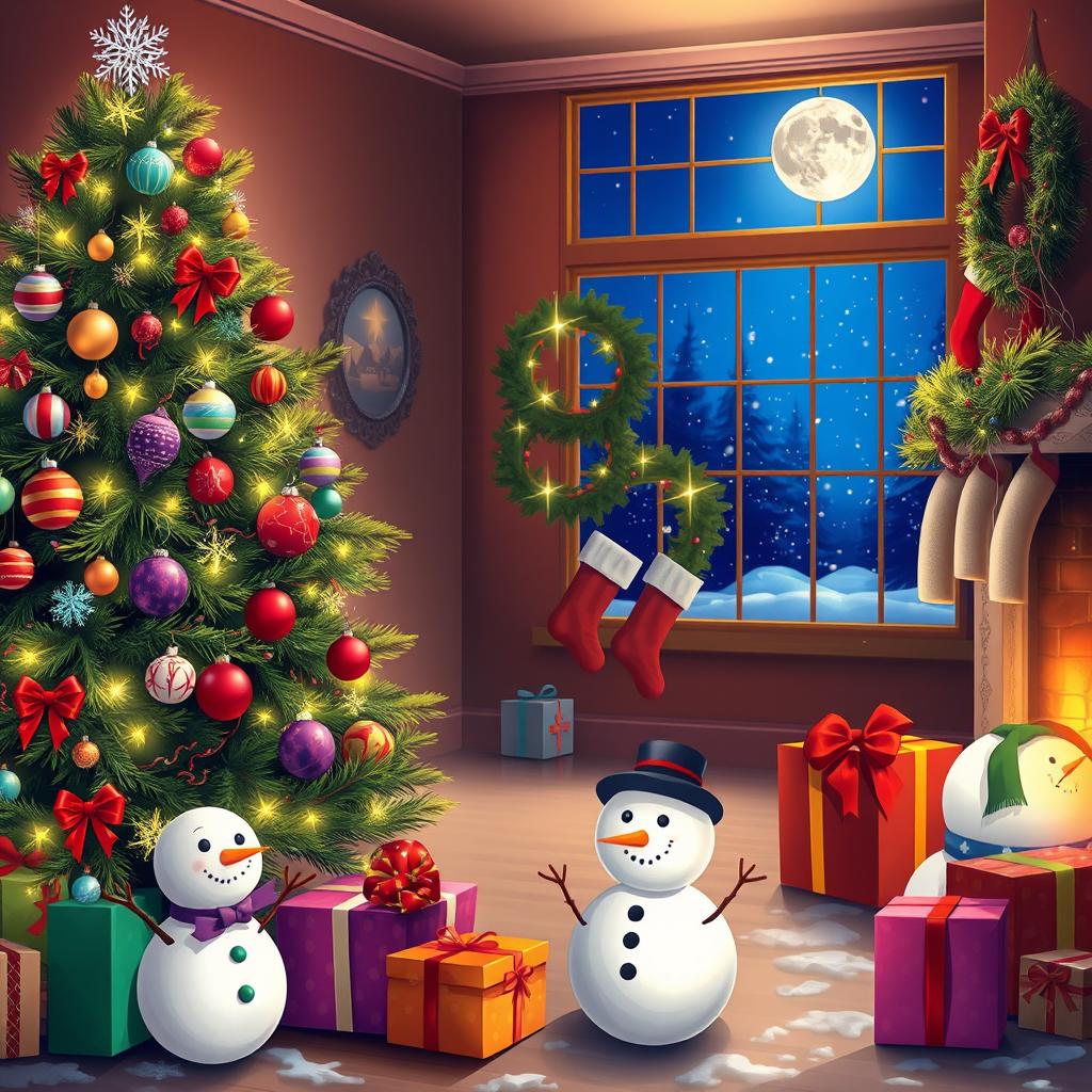 A festive Christmas scene featuring a beautifully decorated Christmas tree with colorful ornaments and twinkling lights, surrounded by wrapped gifts adorned with ribbons