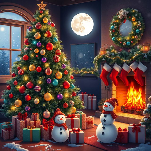 A festive Christmas scene featuring a beautifully decorated Christmas tree with colorful ornaments and twinkling lights, surrounded by wrapped gifts adorned with ribbons