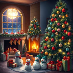 A festive Christmas scene featuring a beautifully decorated Christmas tree with colorful ornaments and twinkling lights, surrounded by wrapped gifts adorned with ribbons