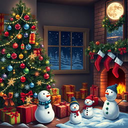 A festive Christmas scene featuring a beautifully decorated Christmas tree with colorful ornaments and twinkling lights, surrounded by wrapped gifts adorned with ribbons