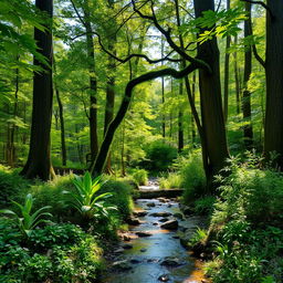 A serene and enchanting forest scene featuring lush, vibrant greenery, tall trees with thick trunks and a tangle of vines, dappled sunlight filtering through the leaves, casting light patterns on the forest floor, a gentle stream running through with small, smooth rocks visible, surrounded by diverse plants and wildflowers, creating a harmonious and tranquil atmosphere, evoking a sense of peace and natural beauty