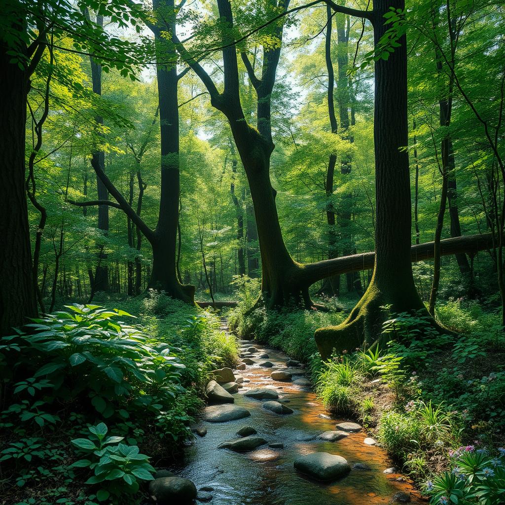 A serene and enchanting forest scene featuring lush, vibrant greenery, tall trees with thick trunks and a tangle of vines, dappled sunlight filtering through the leaves, casting light patterns on the forest floor, a gentle stream running through with small, smooth rocks visible, surrounded by diverse plants and wildflowers, creating a harmonious and tranquil atmosphere, evoking a sense of peace and natural beauty