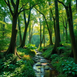 A serene and enchanting forest scene featuring lush, vibrant greenery, tall trees with thick trunks and a tangle of vines, dappled sunlight filtering through the leaves, casting light patterns on the forest floor, a gentle stream running through with small, smooth rocks visible, surrounded by diverse plants and wildflowers, creating a harmonious and tranquil atmosphere, evoking a sense of peace and natural beauty
