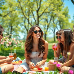 A beautifully edited image of a vibrant outdoor picnic scene with friends enjoying a sunny day in a lush green park