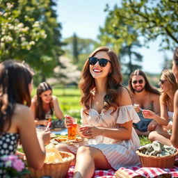 A beautifully edited image of a vibrant outdoor picnic scene with friends enjoying a sunny day in a lush green park